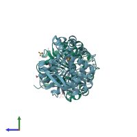 PDB entry 2og1 coloured by chain, side view.