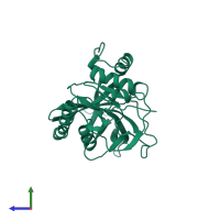 PDB entry 2og4 coloured by chain, side view.