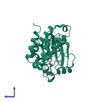 Monomeric assembly 2 of PDB entry 2og8 coloured by chemically distinct molecules, side view.
