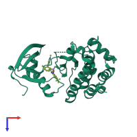 Monomeric assembly 2 of PDB entry 2og8 coloured by chemically distinct molecules, top view.