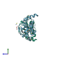 PDB entry 2ogb coloured by chain, side view.