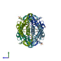 PDB entry 2ogf coloured by chain, side view.