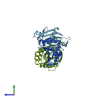 PDB entry 2ogk coloured by chain, side view.