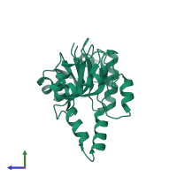 PDB entry 2ogu coloured by chain, side view.