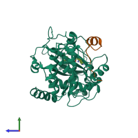 PDB entry 2oh0 coloured by chain, side view.