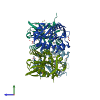 PDB entry 2oh1 coloured by chain, side view.