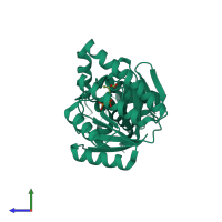 PDB entry 2oi2 coloured by chain, side view.