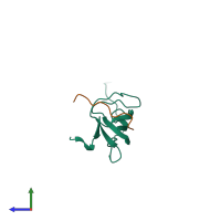 PDB entry 2oi3 coloured by chain, side view.