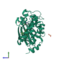 PDB entry 2oi4 coloured by chain, side view.