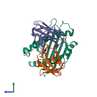 PDB entry 2oi9 coloured by chain, side view.