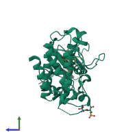Monomeric assembly 2 of PDB entry 2oic coloured by chemically distinct molecules, side view.