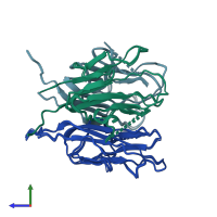 PDB entry 2oii coloured by chain, ensemble of 10 models, side view.