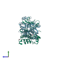 PDB entry 2oiq coloured by chain, side view.