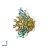 PDB entry 2oiz coloured by chain, side view.