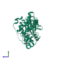 PDB entry 2ok1 coloured by chain, side view.