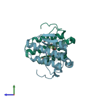 PDB entry 2ok9 coloured by chain, side view.