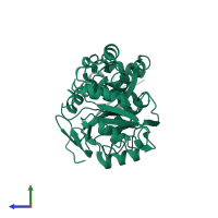 PDB entry 2ola coloured by chain, side view.
