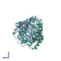 PDB entry 2olj coloured by chain, side view.