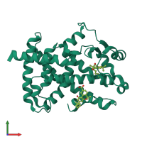 Monomeric assembly 1 of PDB entry 2om9 coloured by chemically distinct molecules, front view.