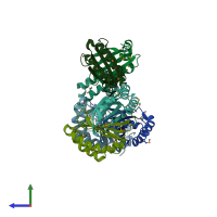 PDB entry 2omo coloured by chain, side view.