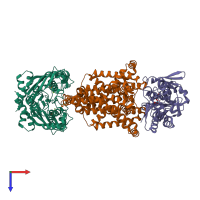 Hetero pentameric assembly 1 of PDB entry 2onk coloured by chemically distinct molecules, top view.
