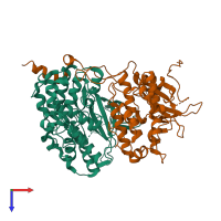 Hetero dimeric assembly 2 of PDB entry 2onl coloured by chemically distinct molecules, top view.