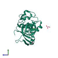 Monomeric assembly 2 of PDB entry 2oo4 coloured by chemically distinct molecules, side view.