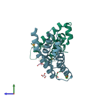 PDB entry 2ooc coloured by chain, side view.