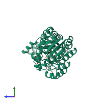 PDB entry 2oof coloured by chain, side view.