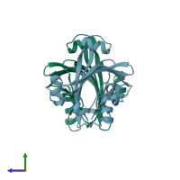 PDB entry 2ooi coloured by chain, side view.