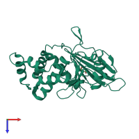 Monomeric assembly 1 of PDB entry 2ooq coloured by chemically distinct molecules, top view.