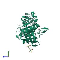 Monomeric assembly 2 of PDB entry 2ooq coloured by chemically distinct molecules, side view.