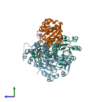 PDB entry 2oor coloured by chain, side view.