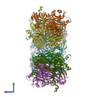 PDB entry 2oov coloured by chain, side view.