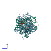 PDB entry 2op1 coloured by chain, side view.
