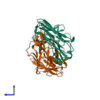 PDB entry 2op4 coloured by chain, side view.