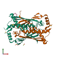 PDB entry 2opl coloured by chain, front view.