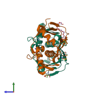 PDB entry 2opl coloured by chain, side view.