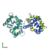 PDB entry 2opo coloured by chain, front view.