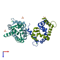 PDB entry 2opo coloured by chain, top view.
