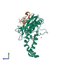 Hetero dimeric assembly 1 of PDB entry 2oq1 coloured by chemically distinct molecules, side view.