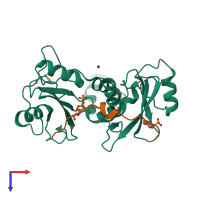Hetero dimeric assembly 1 of PDB entry 2oq1 coloured by chemically distinct molecules, top view.