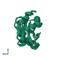 PDB entry 2oq3 coloured by chain, ensemble of 21 models, side view.