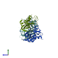 PDB entry 2oqf coloured by chain, side view.