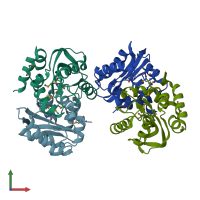 PDB entry 2oqt coloured by chain, front view.