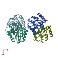 PDB entry 2oqt coloured by chain, top view.