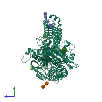 PDB entry 2or4 coloured by chain, side view.