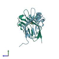 PDB entry 2or7 coloured by chain, side view.