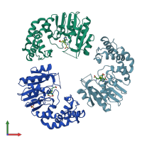 PDB entry 2ore coloured by chain, front view.