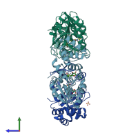 PDB entry 2ore coloured by chain, side view.